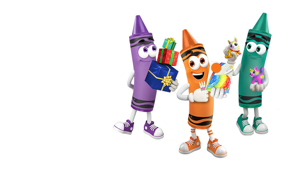 Crayola characters with toys and gifts.