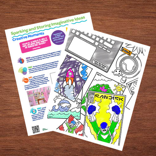Sandisk themed coloring pages and thinking sheets.