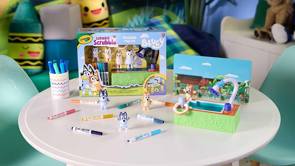Bluey Poolside Play set packaging and contents on table.