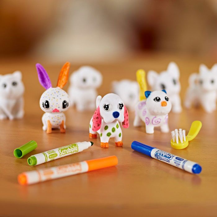 Bunny, Dog and Cat scribble scrubbies with markers and scrubbing brush.