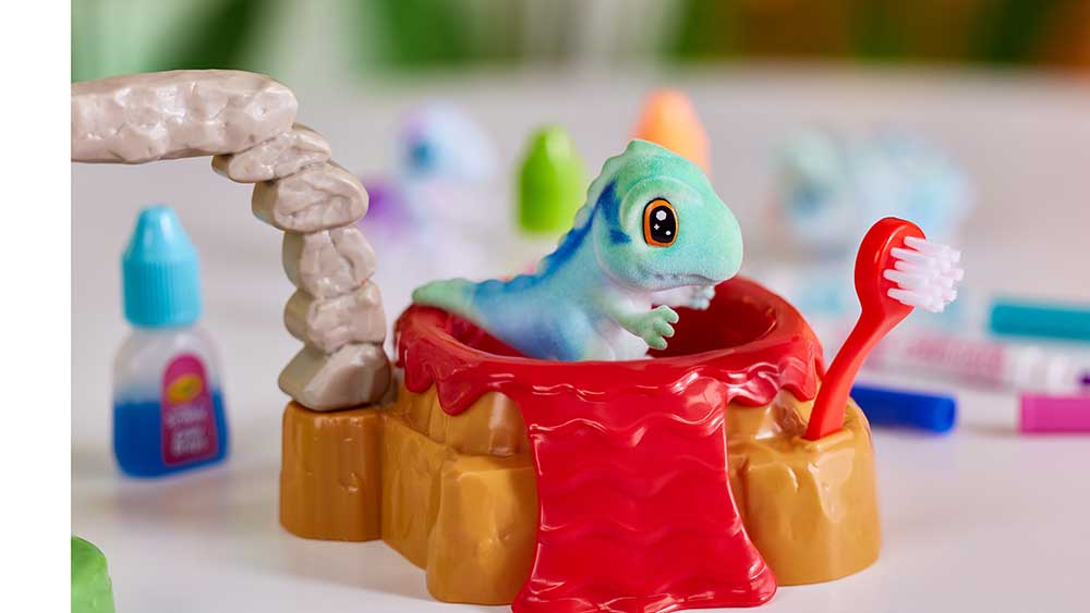Dinosaur bathing in island bath tub complete with scrub brush accessory.