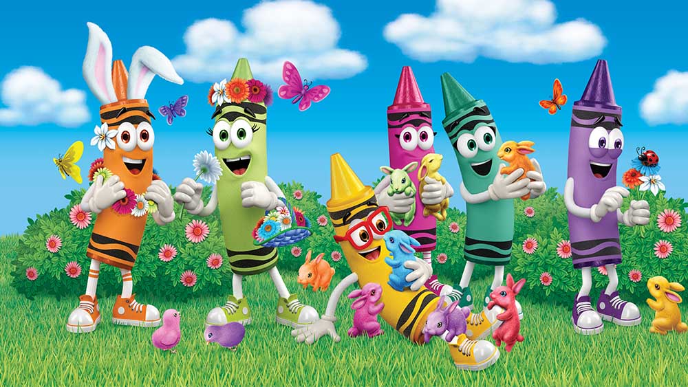 Crayon tip character playing with easter bunnies.