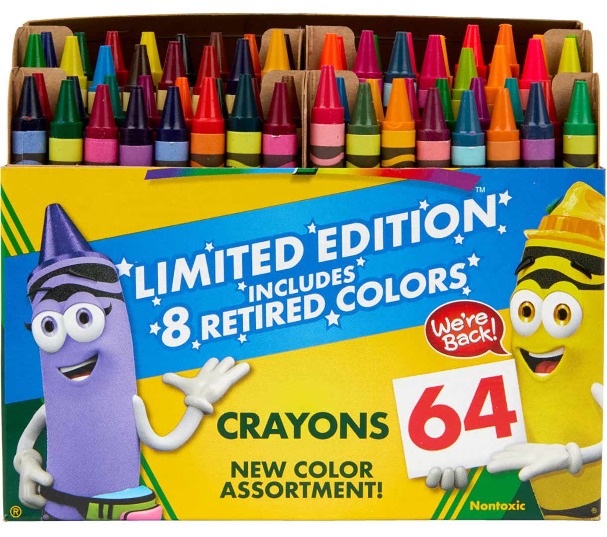 Classic & Limited Edition Retired Crayons. 64 count. front view with lid open.