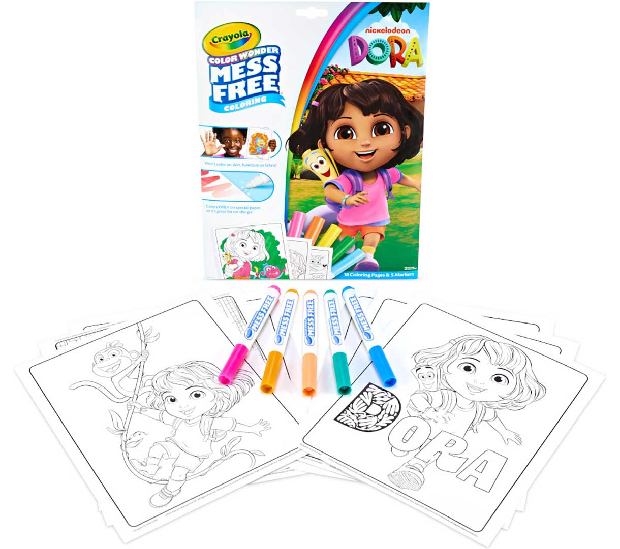Color Wonder Mess free Dora the Explorer coloring pages & markers packaging and contents.