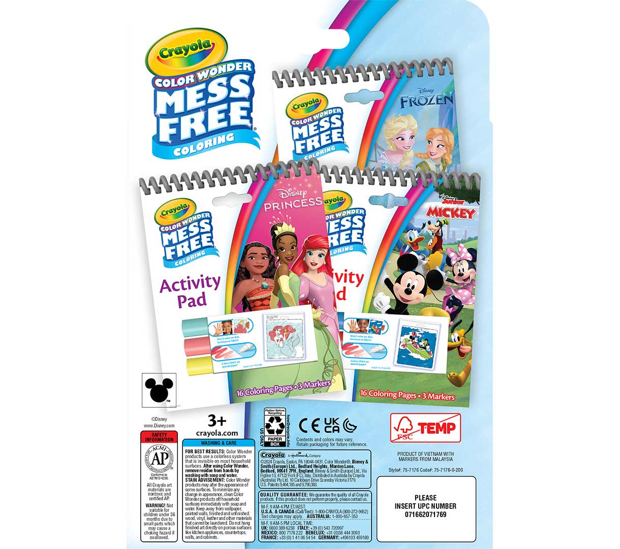 Color wonder mess free disney activity pads. 3 count. back view.