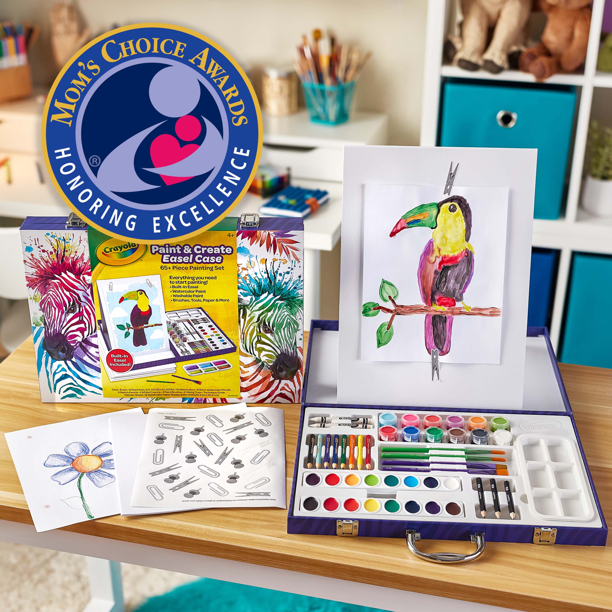 Table Top Easel Art Case open on a table with the Mom's Choice Award seal honoring excellence