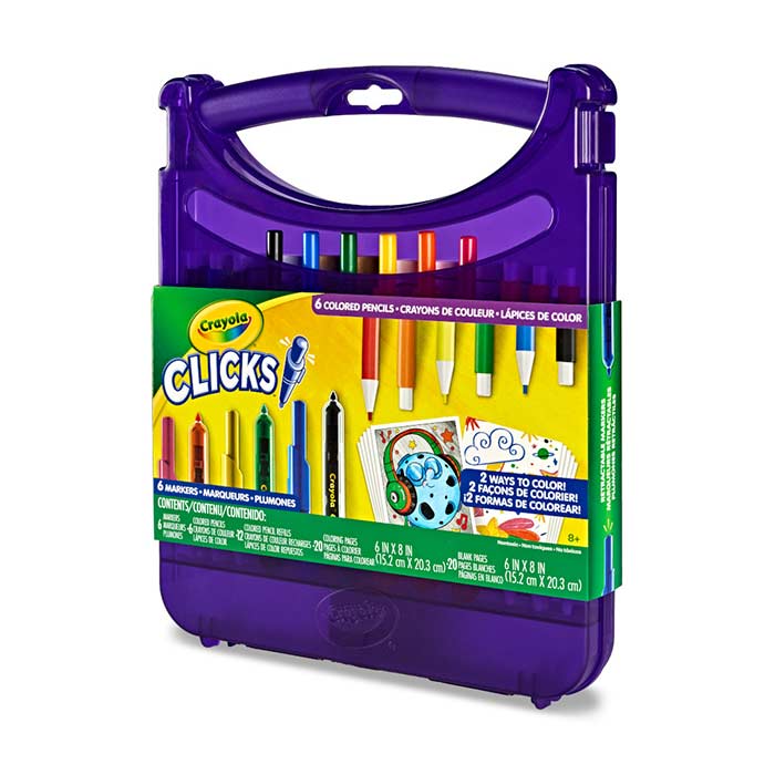 Clicks Art Set, Retractable Markers & Colored Pencils right side view.