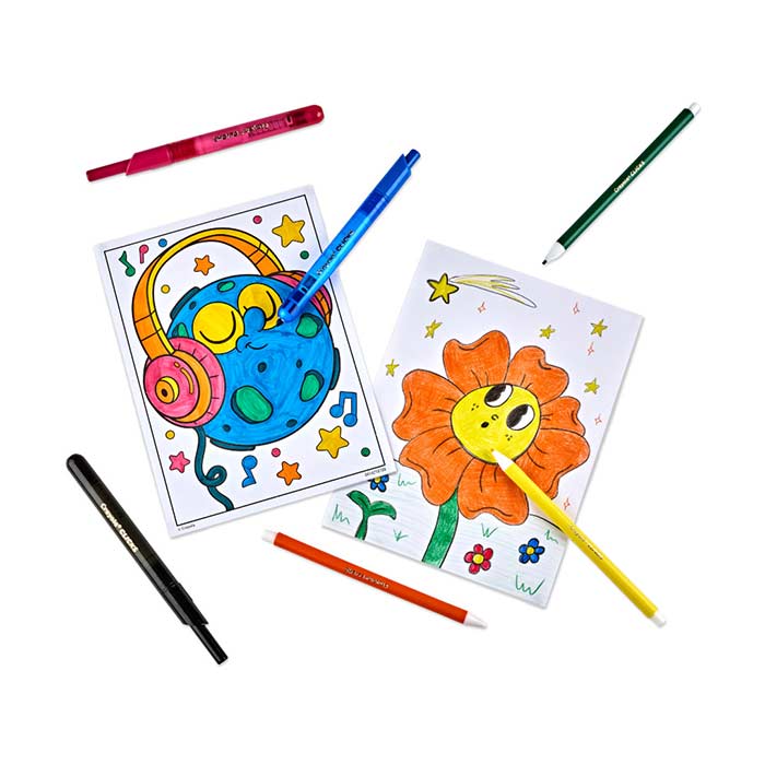 Clicks Art Set, Retractable Markers & Colored Pencils. Two colored coloring pages with a scattering of clicks markers and pencils.