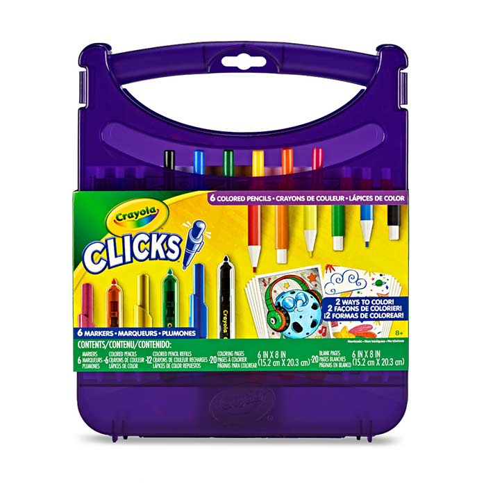 Clicks Art Set, Retractable Markers & Colored Pencils front view.