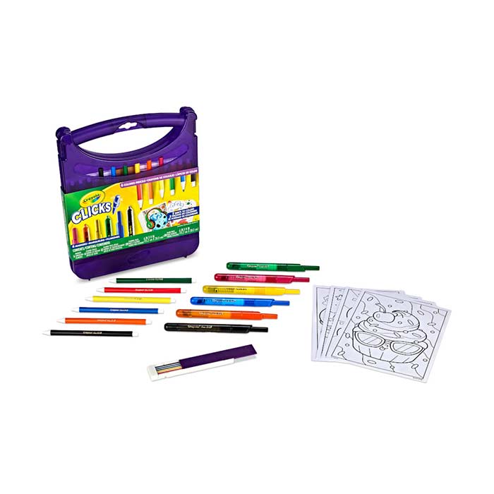 Clicks Art Set, Retractable Markers & Colored Pencils packaging and contents.