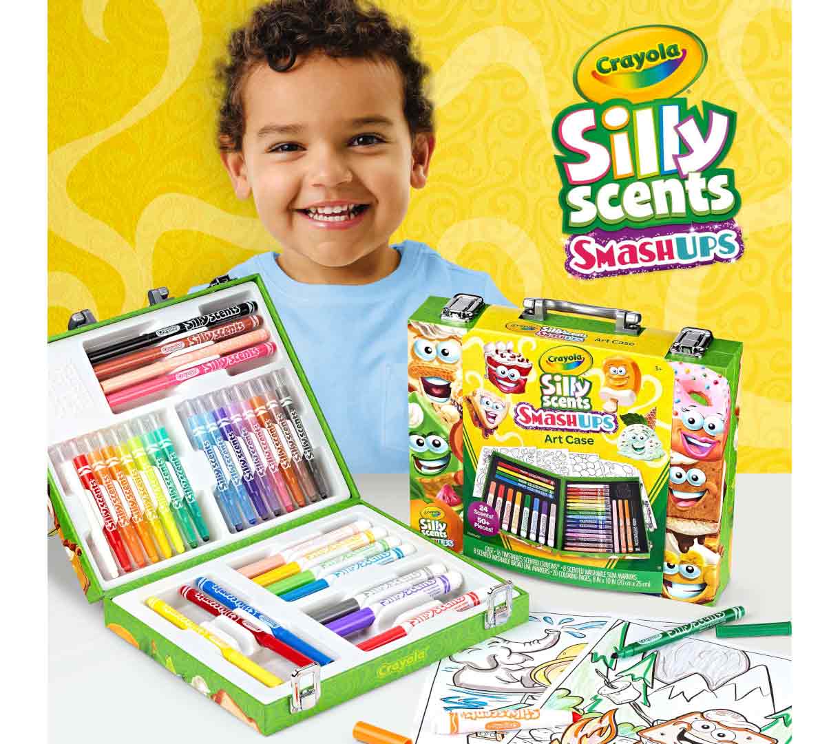 Silly Scents Mini Art Case. Child with open art case and a couple coloring pages partially colored in.