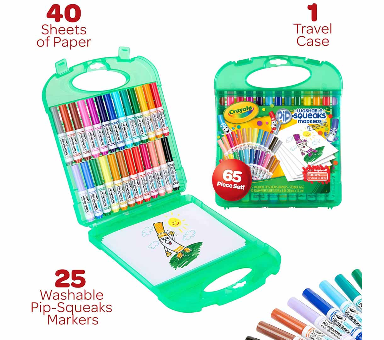 Pip-Squeaks Washable Markers Kit. 40 sheets of paper. 1 Travel Case. 25 Washable Pip-Squeaks markers.