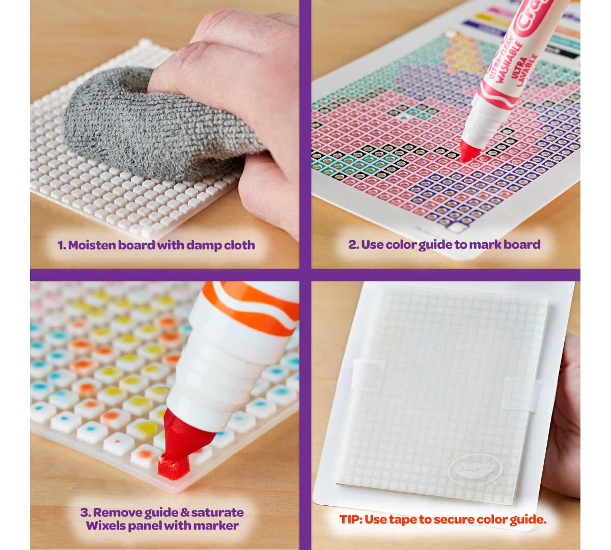 Wixels Unicorn Activity Kit  Pixel Art Coloring Set. 1. Moisten board with damp cloth. 2. Use color guide to mark board. 3. Remove guide and saturate wixels panel with marker. Tip: use tape to secure color guide.