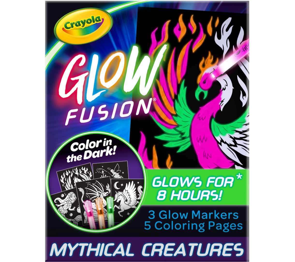 Glow Fusion - Mythical Creatures.color in the dark !Glows for 8hours! 3 glow markers 5 coloring pages. mythical creatures