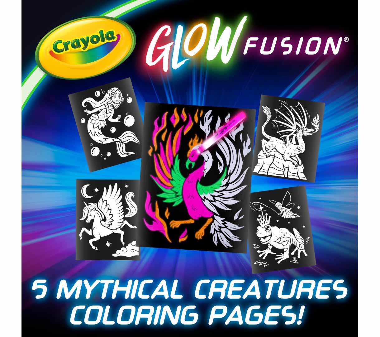 Glow Fusion - Mythical Creatures. 5 mythical creatures coloring pages!