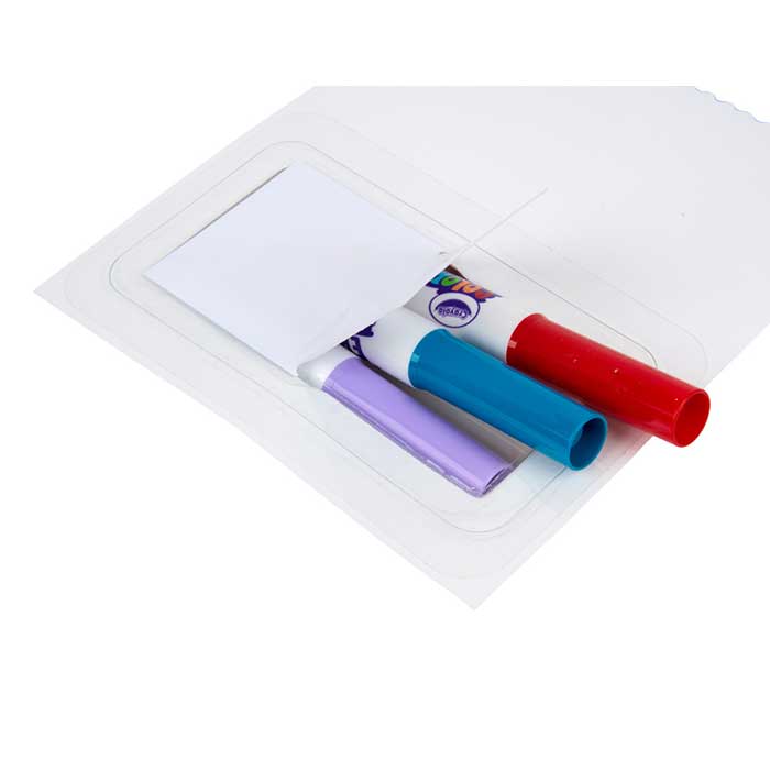 Spidey Color and Erase Reusable Activity Pad with Markers back storage area with markers.