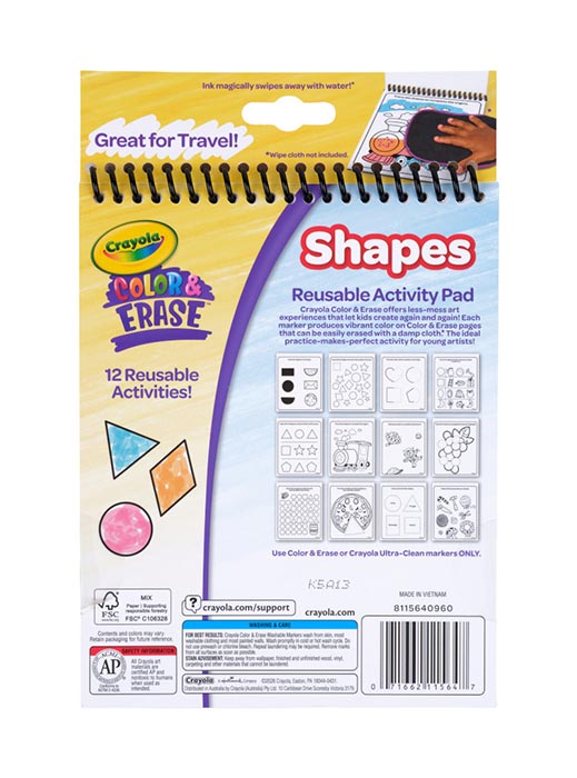 Color & Erase Activity Pad, Shapes back view.