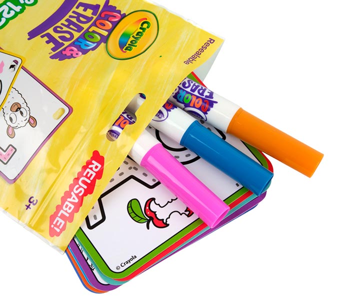 Color & Erase Reusable Activity Set – Alphabet & Number Learning Cards. contents partially inside reusable storage pouch.
