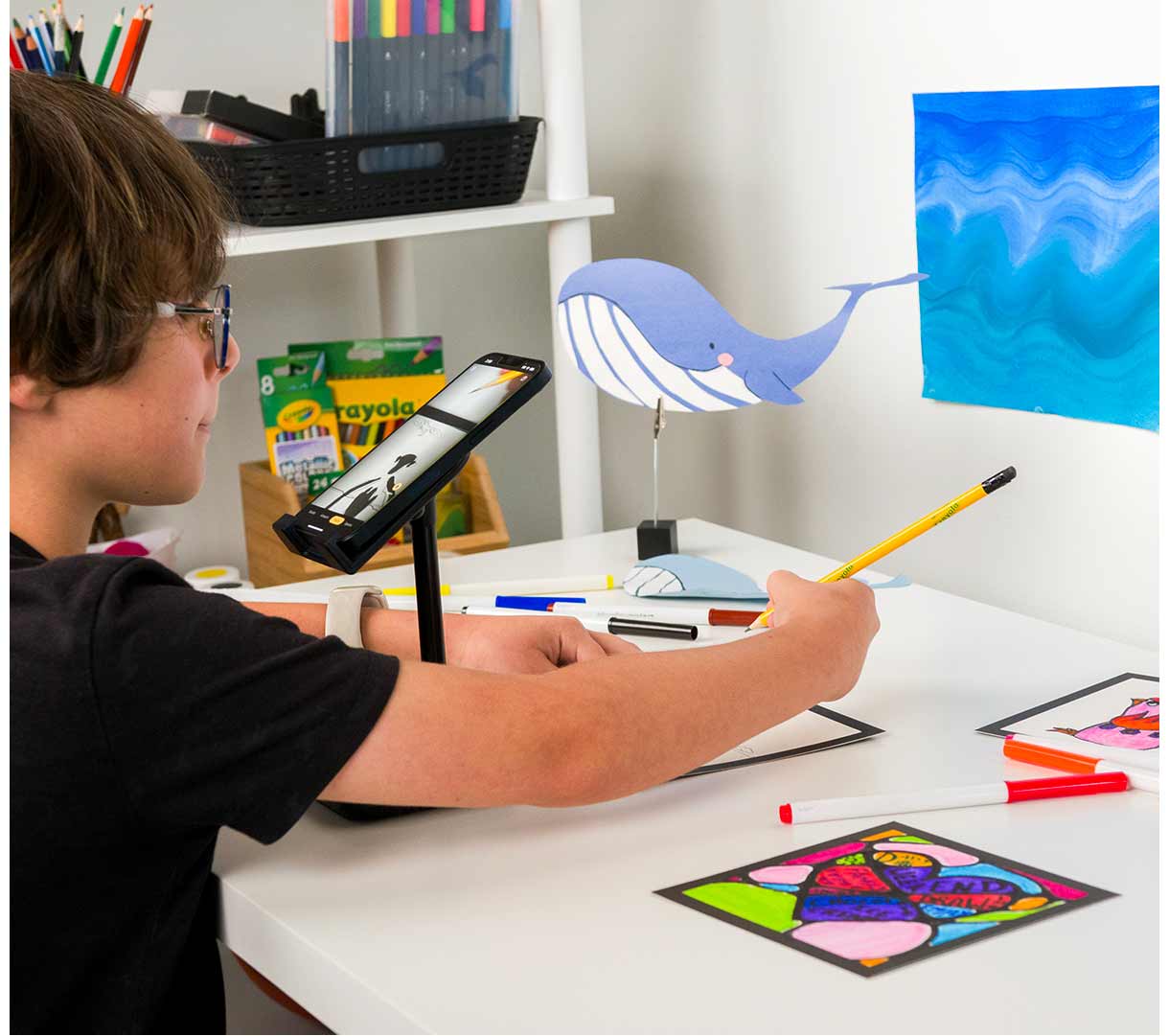 Crayola x Cupixel My Gallery Art Set. Child creating art using app and supplied materials.