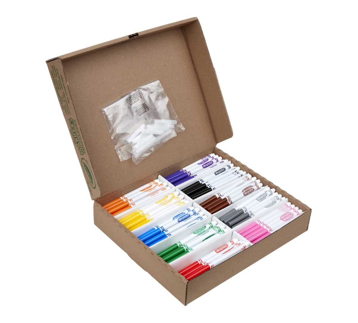 Ultra-clean washable fine line markers classpack 200 count 10 colors. Packaging open, displaying all contents, including replacement caps.
