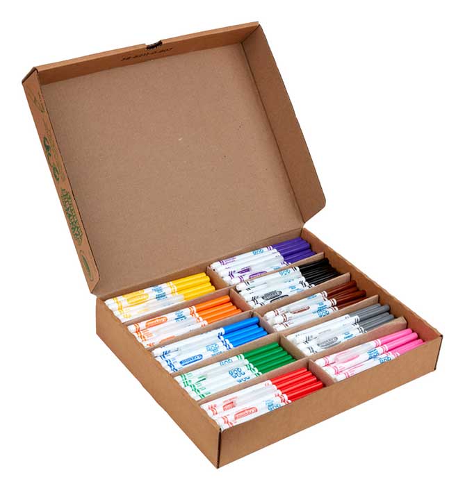 Ultra-Clean Washable Fine Line Markers Classpack, 200 Count, 10 Colors. packaging and contents.top open view.