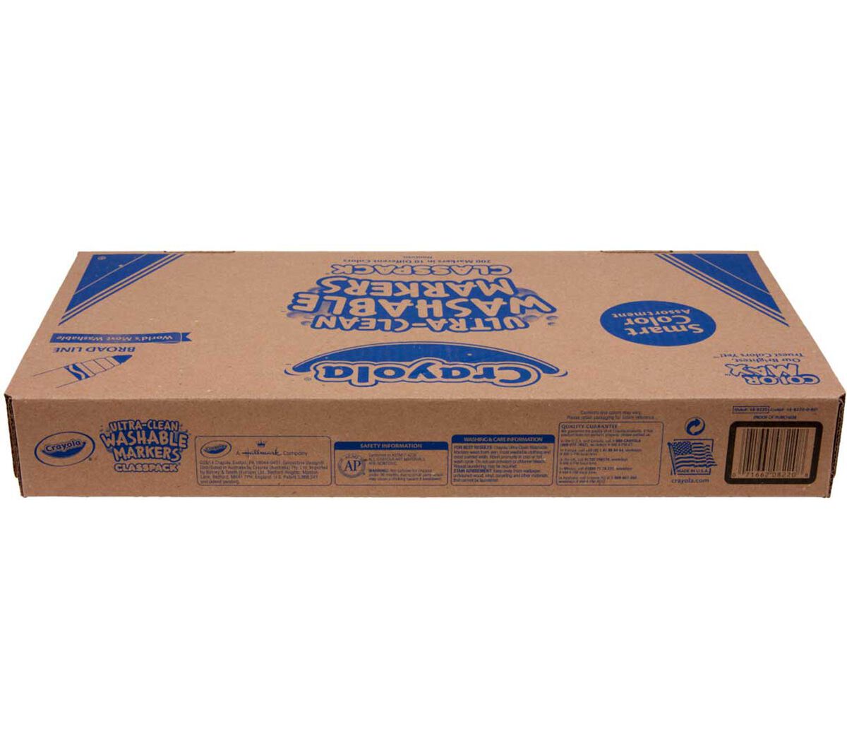 Washable broad line markers classpack 200 count 10 colors. Rear, side view of packaging.