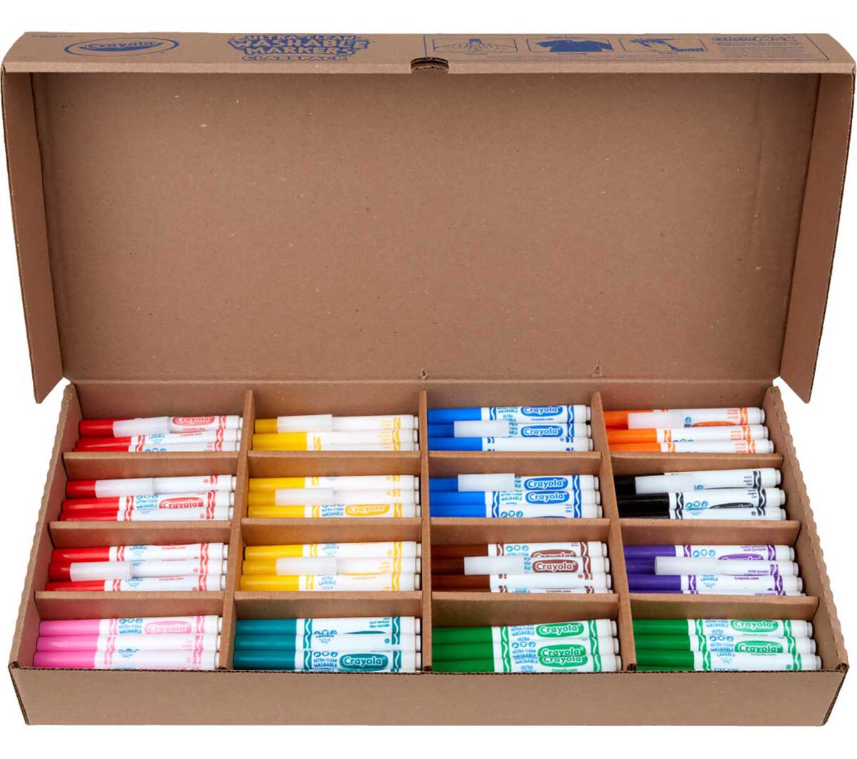 Washable broad line markers classpack 200 count 10 colors. Packaging open displaying all product contents.