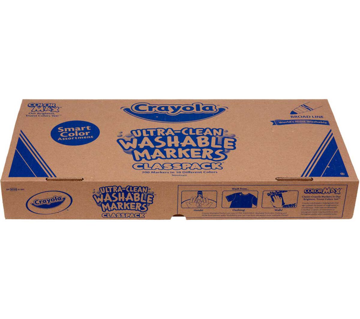 Washable broad line markers classpack 200 count 10 colors. Front angled view of packaging only.