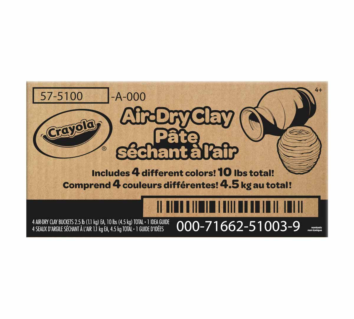 4-in-1 Air Dry Clay. (4) 2.5lb resealable buckets. classic colors.  front view.