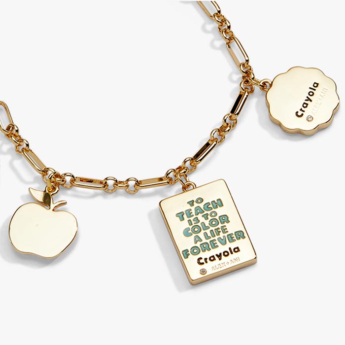 Crayola Teacher Appreciation Toggle Bracelet. Back of apple, crayon box and flower.