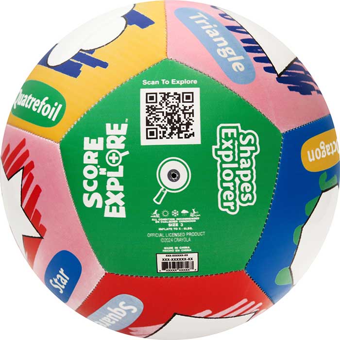 Crayola Score N' Explore Officially Licensed Size 5 Color Ball – Shapes Explorer contents. qr code side.