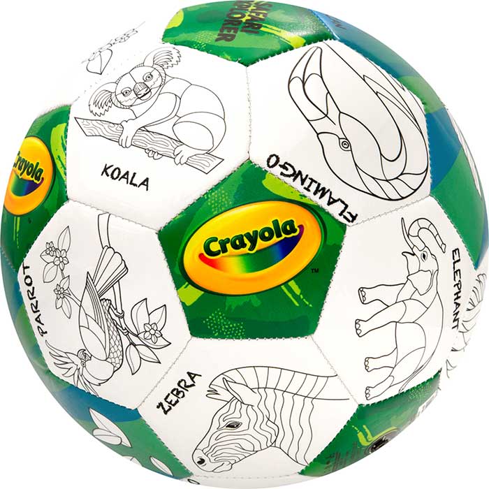 Crayola Score N' Explore Officially Licensed Size 5 Color Ball – Zoo Animals Explorer contents. Crayola logo side.