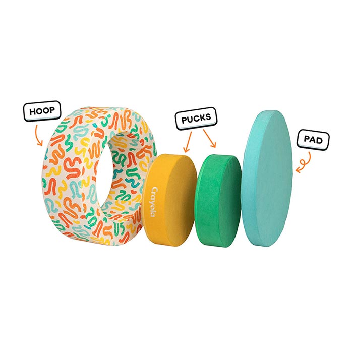 The Crayola Chunk®  components. Hoop. Pucks. Pad.