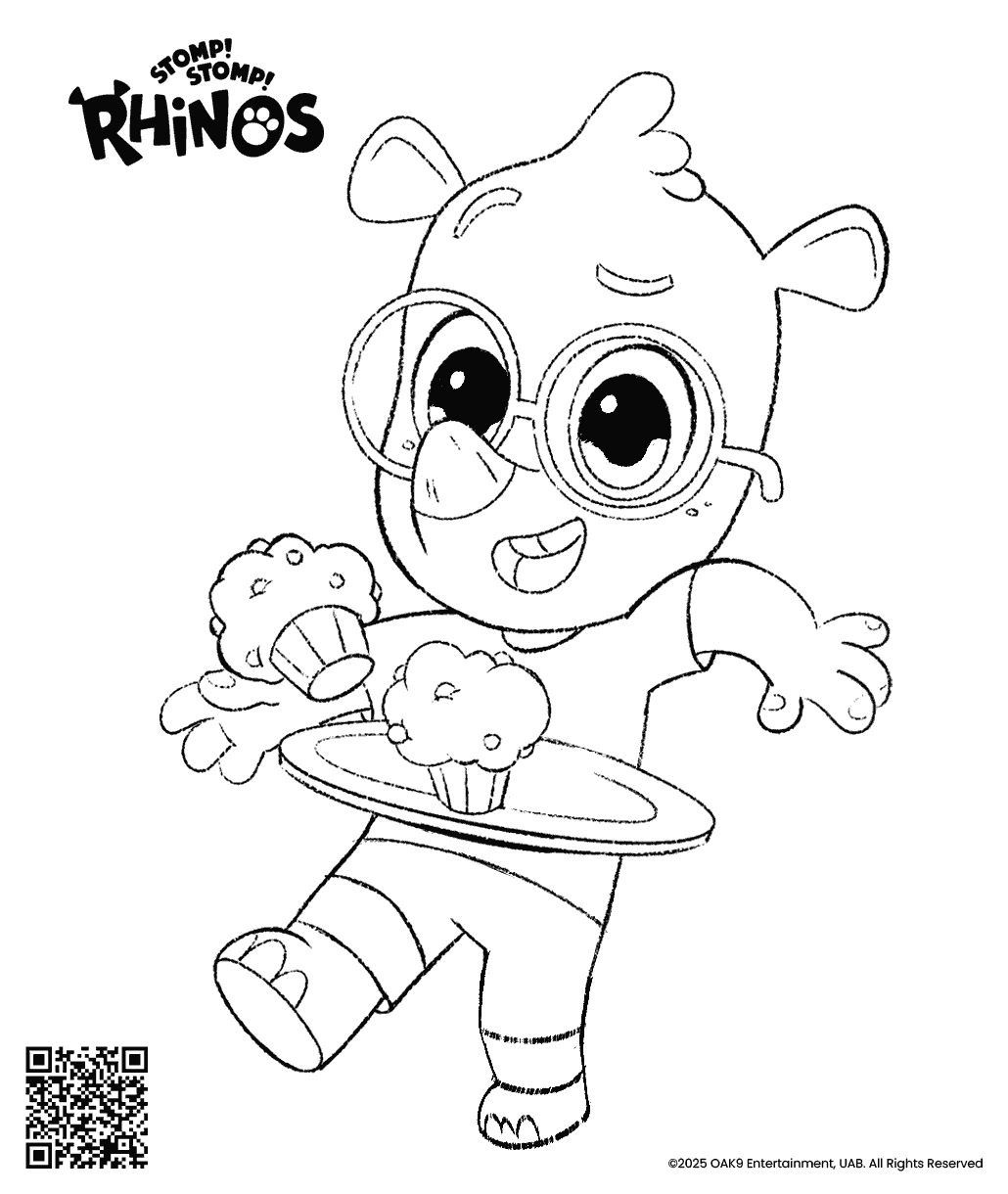 Stomp! Stomp! Rhinos coloring page showing Noah carrying a tray of muffins while wearing large round glasses.