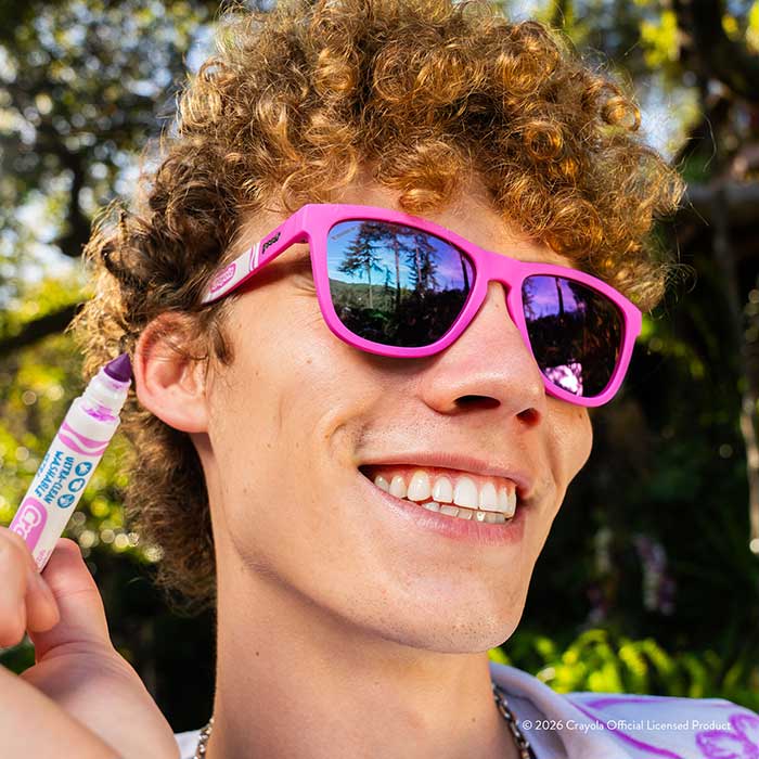 Crayola x GoodR Sunglasses, Tropical Colors. Wild Orchid onmodel.