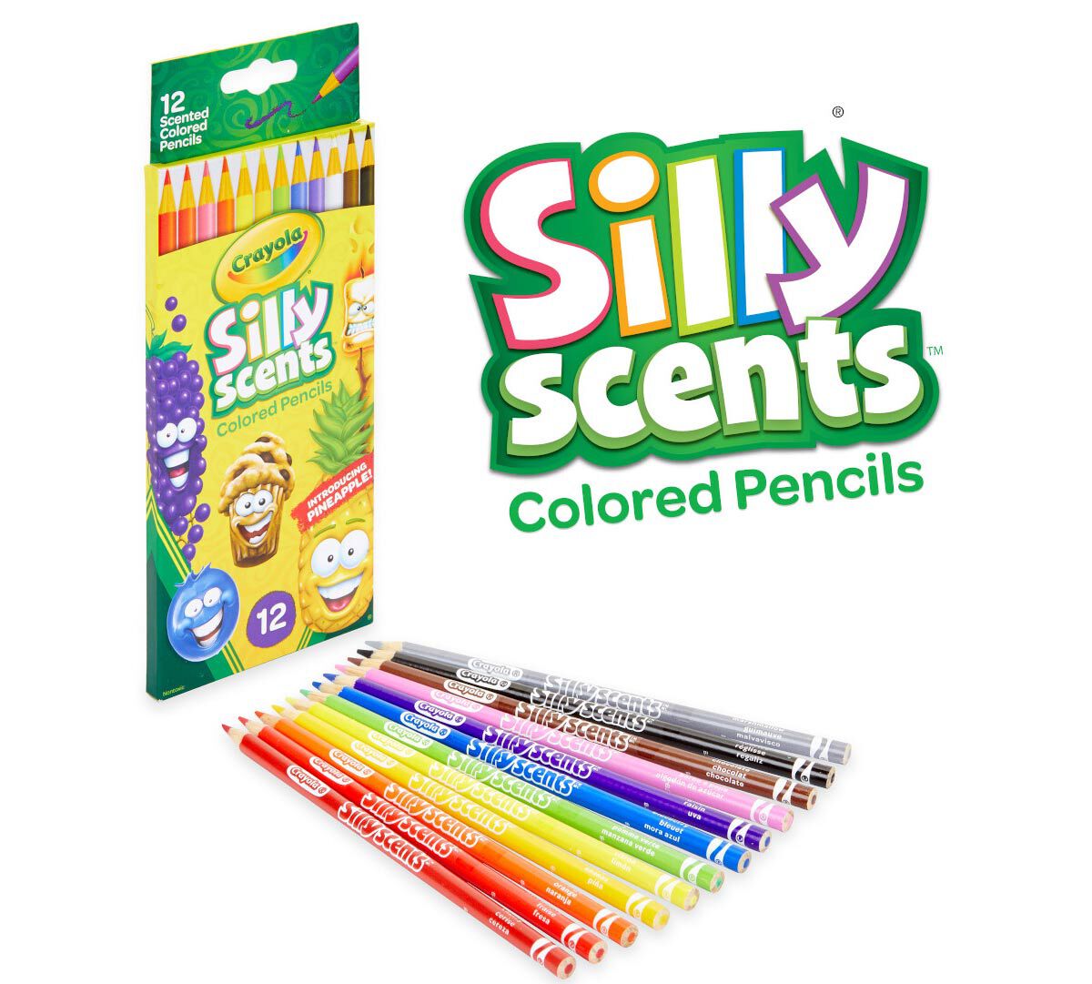 Silly Scents colored pencils sweet scents, 12 count. packaging and contents. Silly Scents colored pencils.