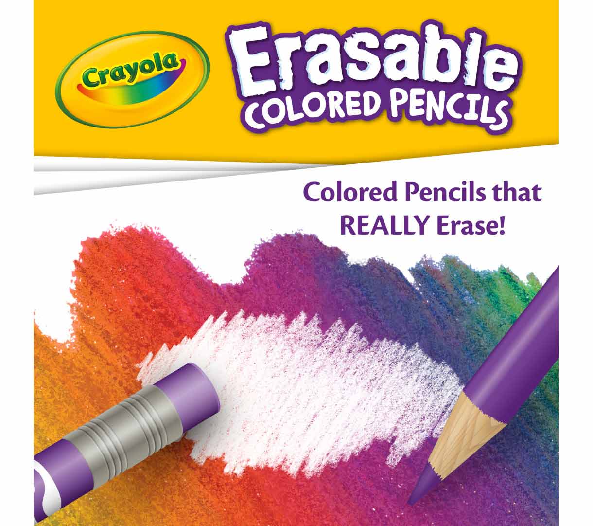 Erasable Colored Pencils. Colored pencils that REALLY erase.  Rainbow color swatch with one pencil erasing the middle and one pencil coloring.