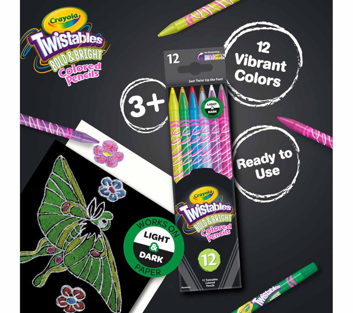 Twistables Colored Pencils Bold & Bright 12 Count. 3+. 12 vibrant colors. Ready to use. Works on light & dark paper.
