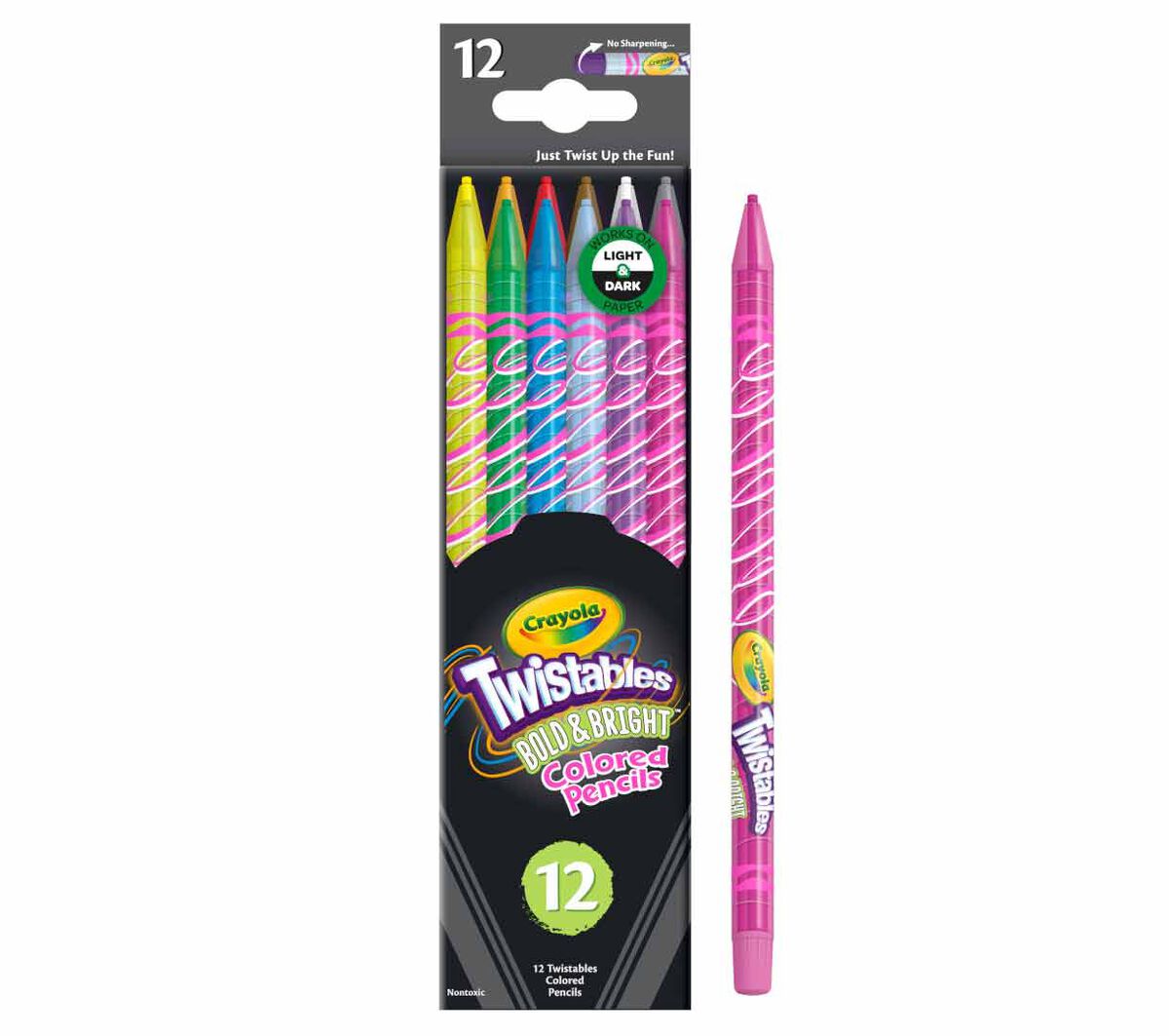 Twistables Colored Pencils Bold & Bright 12 Count. Front view with one pencil.