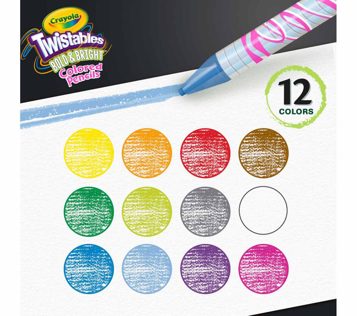 Twistables Colored Pencils Bold & Bright 12 Count. 12 colors. Color swatches.