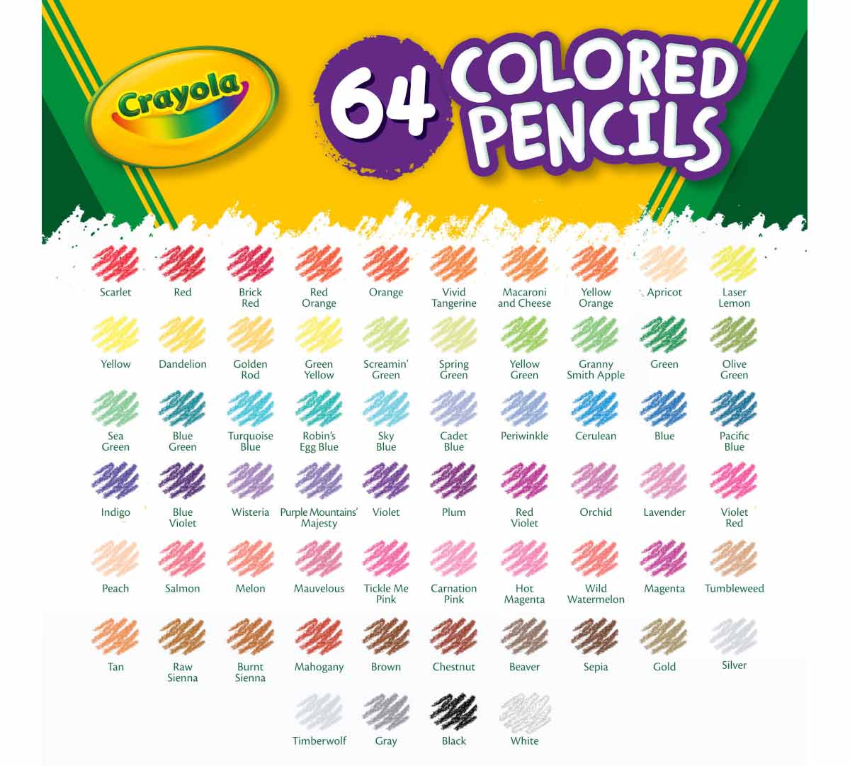Short Colored Pencils  64 count color swatches.