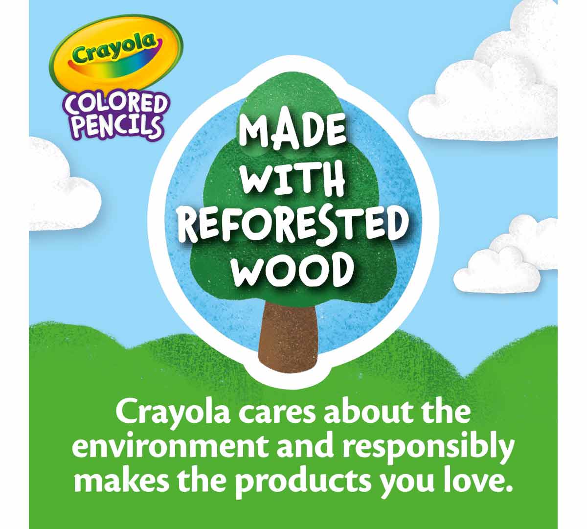 Short Colored Pencils  64 count. Made with reforested wood. Crayola cares about the environment and responsibly makes the products you love.