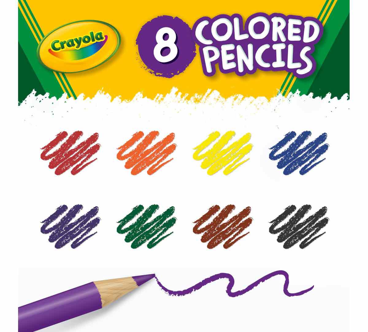 Colored Pencils long, 8 count. 8 colored pencils color swatches.