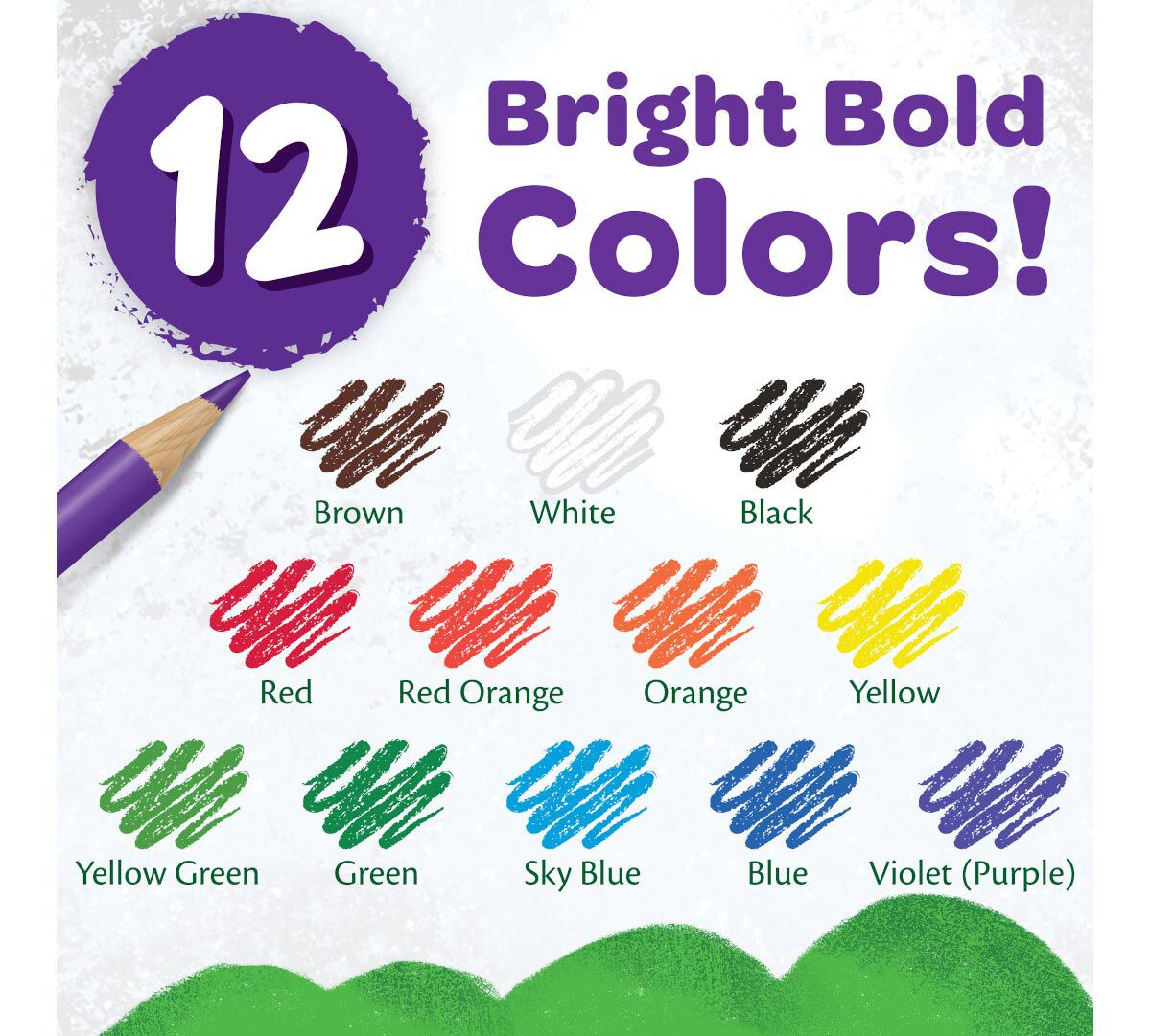 Colored pencils, long, 12 count. 12 bright bold colors! color swatches.