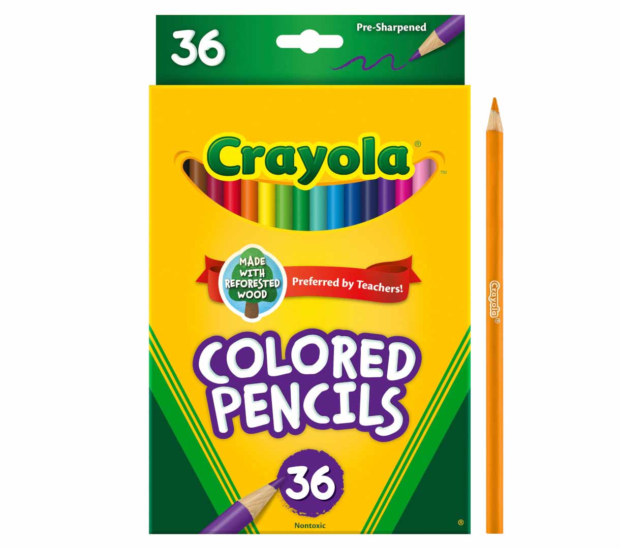 Colored Pencils 36 count  packaging and one pencil standing beside it.