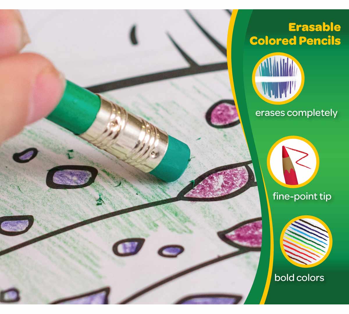 Erasable colored pencils  10 count. Erases completely. Fine-point tip. Bold colors