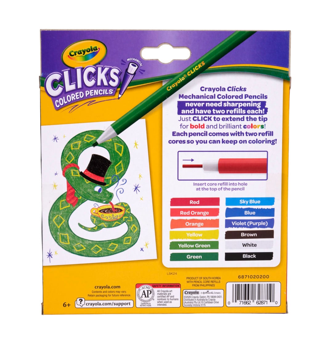Crayola Clicks Colored Pencil Set, 12 Assorted Colors back view.