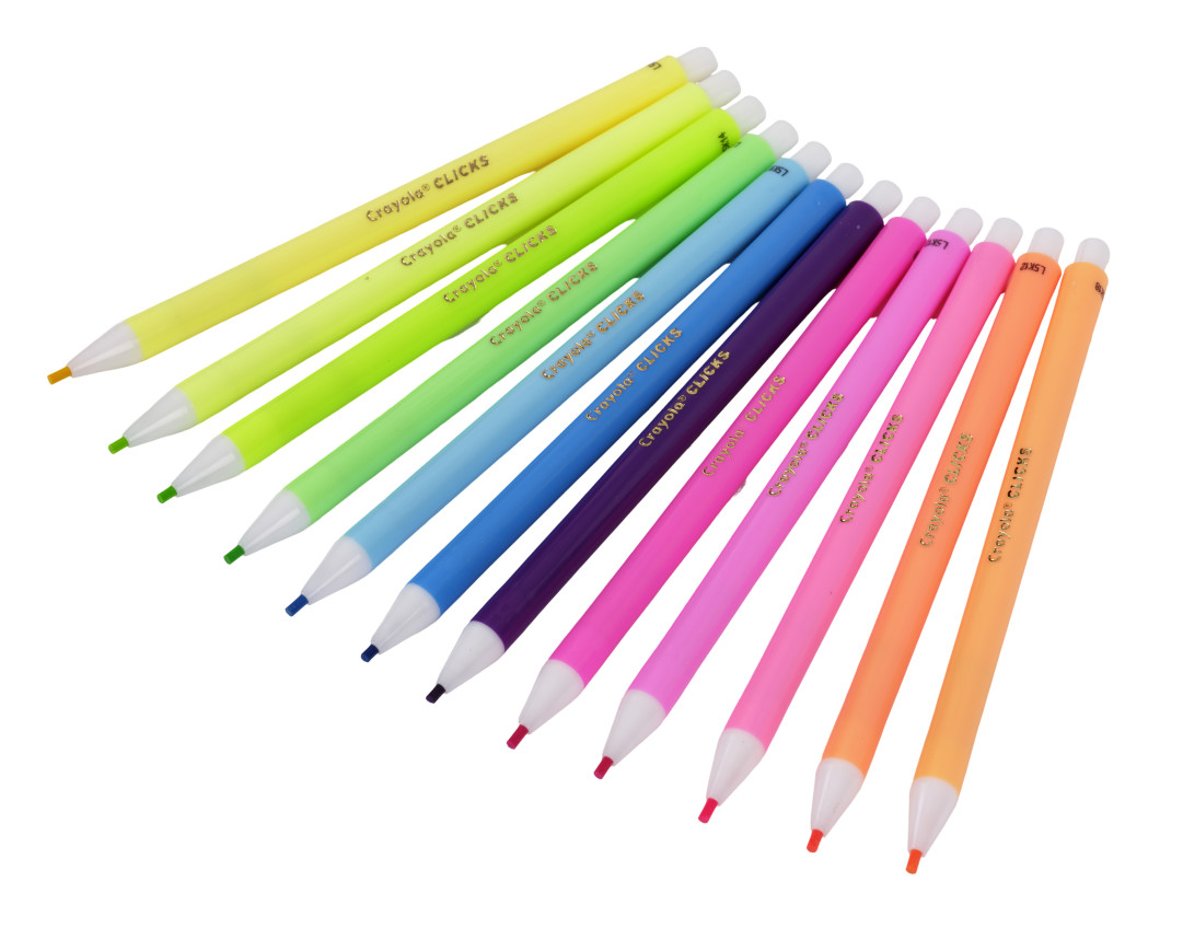 Crayola Clicks Colored Pencil Set, 12 Neon Colors contents.