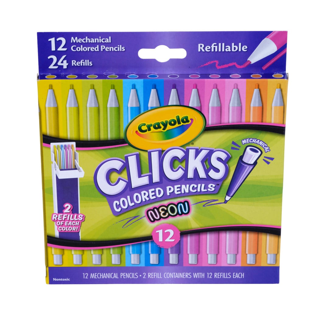 Crayola Clicks Colored Pencil Set, 12 Neon Colors front view.