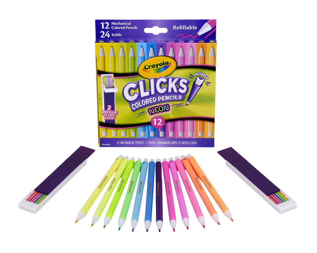 Crayola Clicks Colored Pencil Set, 12 Neon Colors packaging and contents.